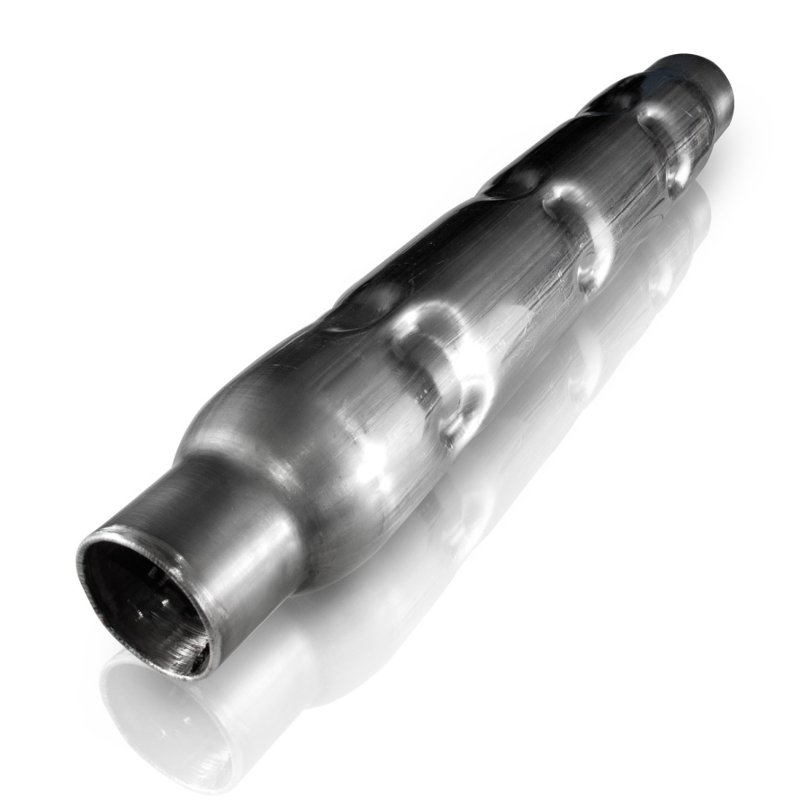 STAINLESS WORKS CHAMBERED ROUND MUFFLER, 304 STAINLESS STEEL 2-1/4" ID CENTER INLET / CENTER OUTLET 2-1/4" CORE WITH A OVERALL LENGTH OF 30" AND A MILL FINISH. - CR225225