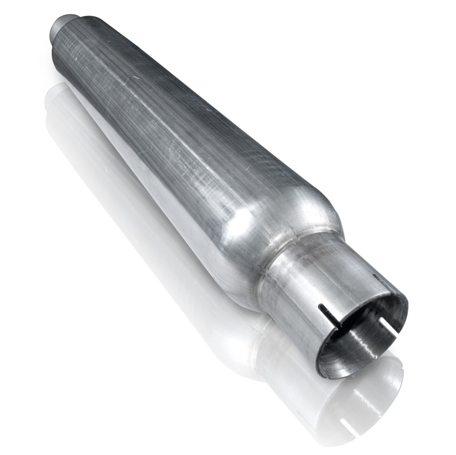 STAINLESS WORKS SMOOTH TUBE MUFFLER, 304 STAINLESS STEEL 2-1/2" ID CENTER INLET / CENTER OUTLET 2-1/2" CORE WITH A OVERALL LENGTH OF 24" AND A MILL FINISH. - ST252425